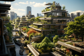 A network of green rooftops in an urban landscape, highlighting the integration of nature into city planning. Generative Ai.