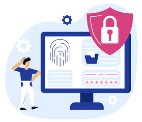 Character using Cyber Security Services to Protect Personal Data.User Authorization, Two Steps Authentication. Idea of digital data protection and safety.Vector illustration.