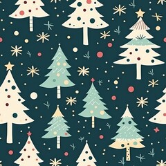 Obraz premium Seamless pattern with christmas tree, santa cros, gifts and snowflakes on green background.