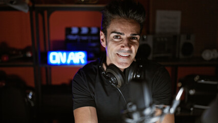 Fototapeta na wymiar Young hispanic man radio reporter smiling confident at radio studio