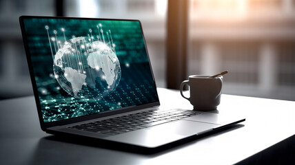 Laptop mostrando el mundo y su conectividad, sobre escritorio y taza de café. El mundo está globalizado y conectado, y tú debes adaptarte a esta realidad.