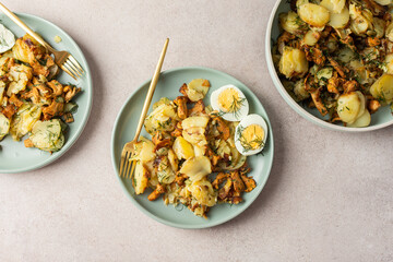 Delicious hearty dinners or lunches, fried young potatoes with forest mushrooms Chanterelles with dill, boiled eggs, seasonal food