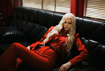  Red Suit Business Woman Sitting Comfortably on a Couch