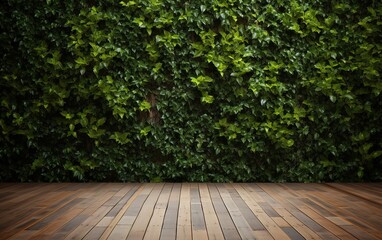 Old wooden planks with vines background on the wall full of your product display. Generative AI