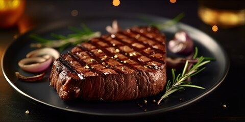 Grilled beef steak on a black plate board combined with rosemary leaves and onions photographed from above. Generative AI - obrazy, fototapety, plakaty