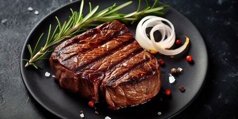 Grilled beef steak on a black plate board combined with rosemary leaves and onions photographed from above. Generative AI - obrazy, fototapety, plakaty