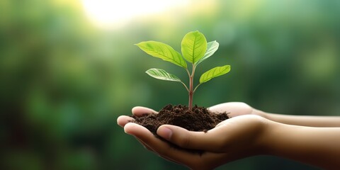 Close-up photo of person's hand holding abundant soil with young plants in hand for agriculture with environmentally friendly concept.