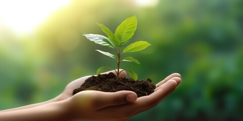 Close-up photo of person's hand holding abundant soil with young plants in hand for agriculture with environmentally friendly concept.