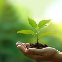 Close-up photo of person's hand holding abundant soil with young plants in hand for agriculture with environmentally friendly concept.