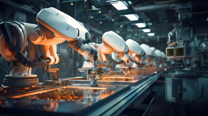 Image of a row of robotic arms working on a machine in a factory - obrazy, fototapety, plakaty