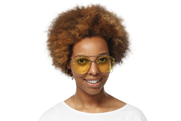 Portrait of smiling young african american woman wearing white t-shirt and yellow sunglasses
