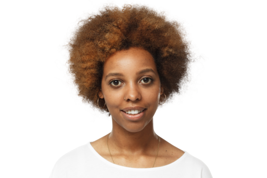 Portrait of smiling young african american woman wearing white t-shirt