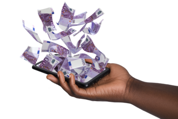 Black hand holding phone with Euro notes hovering on screen isolated on transparent background. 3d rendered banknotes