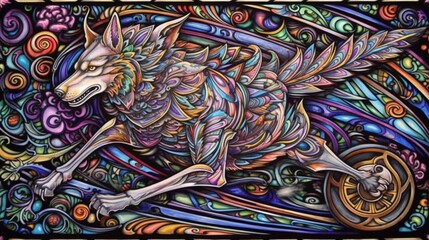 Psychedelic wolf running through snowy african art Ai generated art - obrazy, fototapety, plakaty