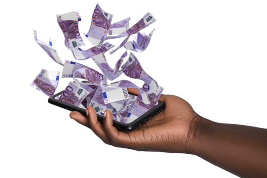 Black hand holding phone with Euro notes hovering on screen isolated on transparent background. 3d rendered banknotes