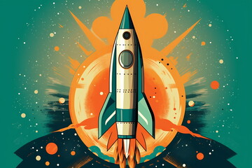 Cartoon-style minimal spaceship rocket icon. Toy rocket upswing, spewing smoke and flame.