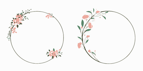 set of two circular simple floral frame with flowers vector - obrazy, fototapety, plakaty