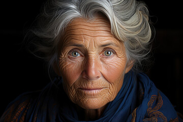 A striking portrait of an elderly woman, her eyes reflecting a lifetime of wisdom and experience. Generative Ai.