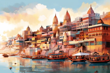 Varanasi urban landscape. Pattern with houses. Illustration. - obrazy, fototapety, plakaty