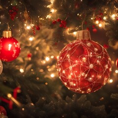 red christmas balls on christmas tree