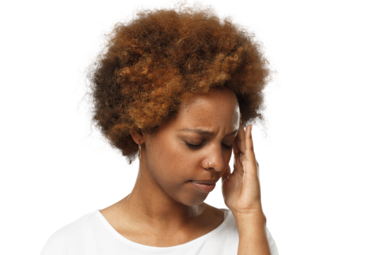Young african american woman touching head with hand, suffering from headache, migraine concept