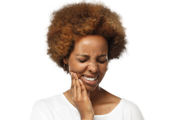 Young african american woman suffering from strong toothache, pressing hand to chin because of jaw...