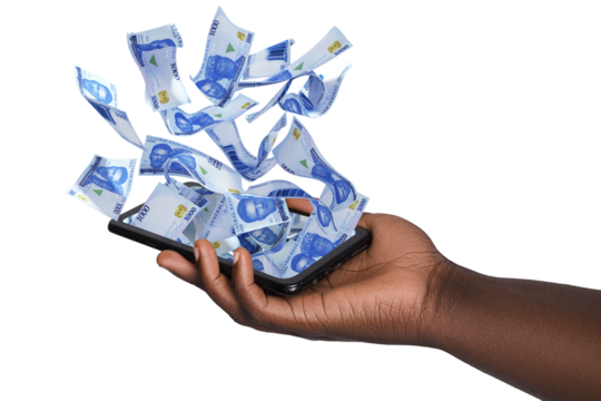 Black hand holding phone with Nigerian naira notes hovering on screen isolated on transparent background. 3d rendered banknotes