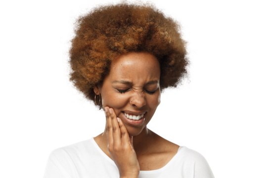 Young african american woman suffering from strong toothache, pressing hand to chin because of jaw pain