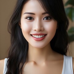 Fototapeta premium Portrait beautiful asian model woman with white teeth smile, healthy black hair and beauty skin Concept of advertising dentist dental and facial care. 
