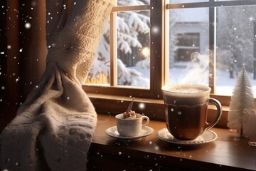 coffee with chocolate near window during the christmas