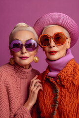 Two older women dressed in pink and wearing sunglasses. In the style of vibrant and textured. Candid moments captured