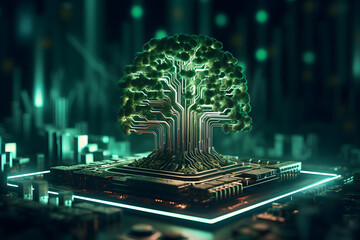 Tree growing  from computer circuit board. Concept of green technology and IT ethics. - obrazy, fototapety, plakaty