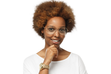 Portrait of smiling young african american woman wearing white t-shirt and glasses