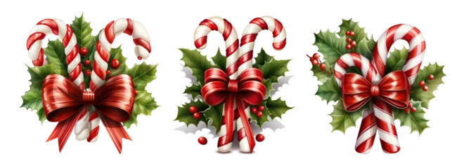 Foto op Canvas set Xmas candy cane with bow and a holly berries Isolated cutout on transparent background © innluga