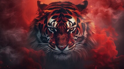 Red smokey background Tiger head beautiful picture Ai generated art