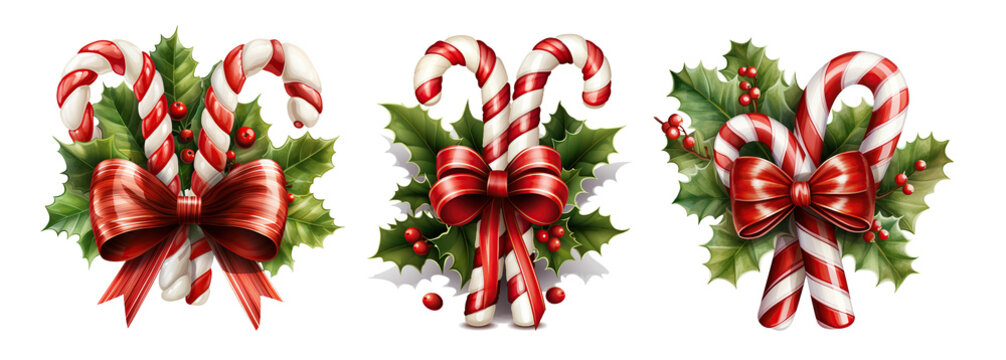 set Xmas candy cane with bow and a holly berries Isolated cutout on transparent background