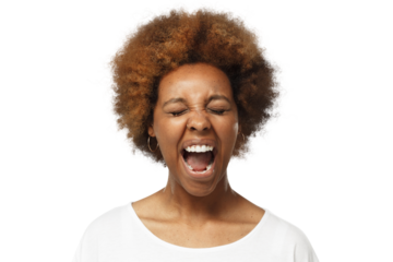 Close-up portrait of screaming with closed eyes crazy african american woman in blank white t-shirt