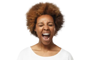 Fotobehang Close-up portrait of screaming with closed eyes crazy african american woman in blank white t-shirt © Damir Khabirov