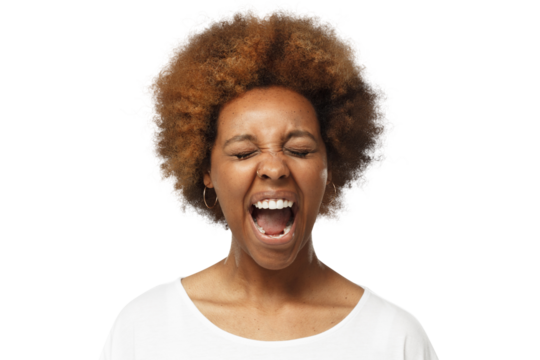 Close-up portrait of screaming with closed eyes crazy african american woman in blank white t-shirt