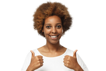 Young african american woman showing thumbs up, concept of satisfaction with quality and...