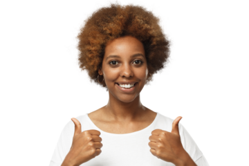 Young african american woman showing thumbs up, concept of satisfaction with quality and recommendation