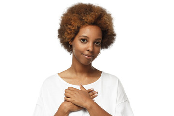 Kind and empathic african american woman showing kindness and love, ready to help and support