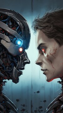 Robot with red eyes facing off against a robot Ai generated art