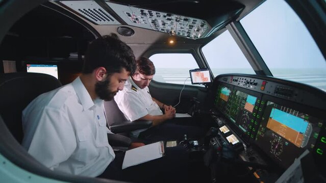 Student pilots on a flight lesson in the simulator, preparing for takeoff and checking the checklist