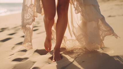 Aesthetic image of a beautiful woman's legs in boho dress on a sandy beach © tanimoon