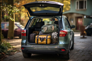 Open trunk of a car with suitcases and belongings, moving to another accommodation, moving out of a student's home or traveling concept