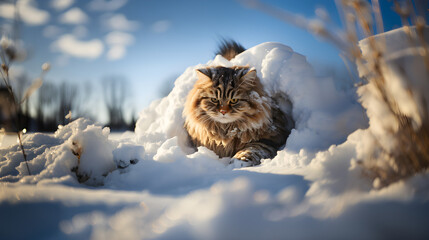 Fat cat playing in the snowhyper