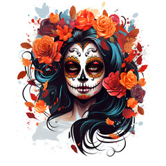 Cartoon Style Day of the Dead Lady Girl Makeup White Background Girl with Day of the Dead Makeup Painting Drawing 