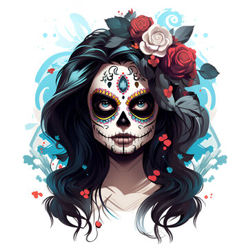 Cartoon Style Day of the Dead Lady Girl Makeup White Background Girl with Day of the Dead Makeup Painting Drawing 