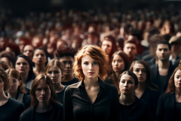 Portrait of young activist woman looking firm and confident in front of a crowd, horiaontal image, concept of activism, conquest, fight, rights - obrazy, fototapety, plakaty